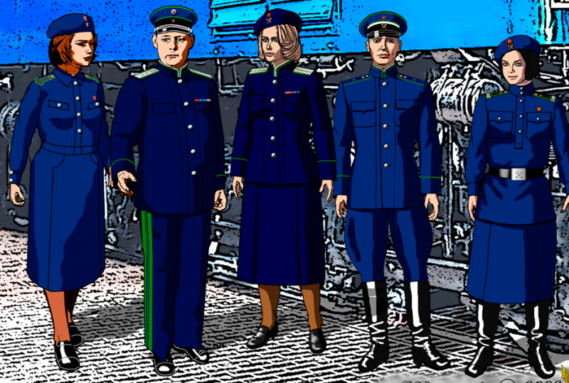 Рисунок повседневной летней униформы НКПС СССР образца 1943 года, где: женская форма рядового и младшего начальствующего состава в платье, форма высшего начальствующего состава, женская форма старшего и среднего начальствующего состава, форма среднего начальствующего состава, форма рядового и младшего начальствующего состава в гимнастерке.