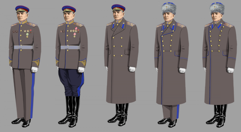 Рисунок парадной формы комиссаров ГБ в 1943-1945 годах, где: комиссар ГБ (летняя), комиссар ГБ 3-го ранга (летняя), комиссар ГБ 2-го ранга (в летнем пальто); комиссар ГБ 3-го ранга (в брюках, зимняя), комиссар ГБ (в бриджах, зимняя).