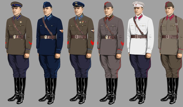 Рисунок гимнастерки в 1935-1941 годах: капитан кавалерии, воентехник (ВВС), майор, старший лейтенант (АБТВ), военюрист 2-го ранга (летняя белая гимнастерка), старший батальонный комиссар (походная форма).