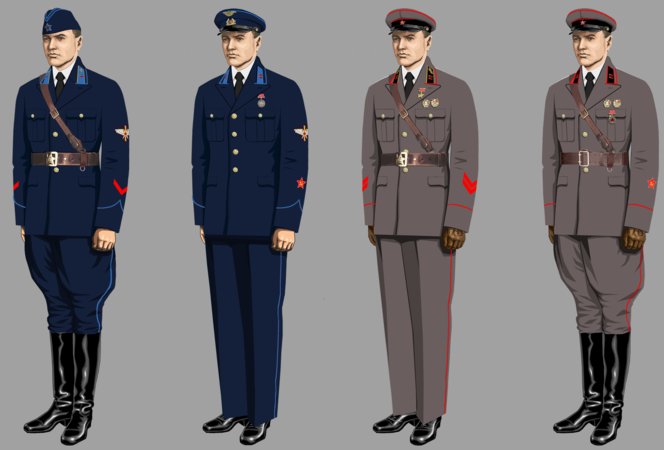 Рисунок кителей ВВС и АБТВ в 1935-1941 годах: капитан ВВС, батальонный комиссар ВВС, майор АБТВ, батальонный комиссар АБТВ.