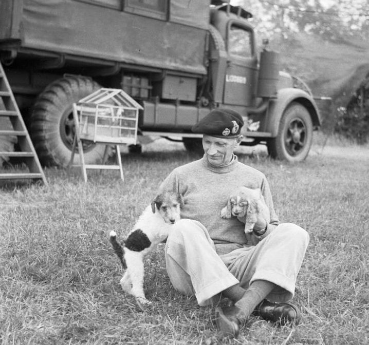 Генерал Б.Л. Монтгомери со своими питомцами, щенками «Гитлер» и «Роммель» и клеткой с канарейками. Франция, 1944 г. 