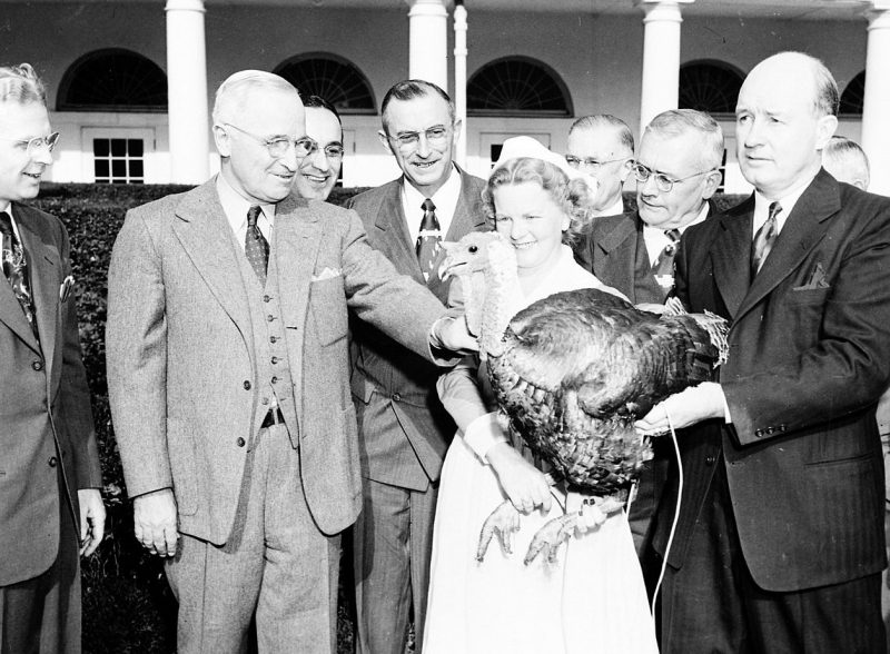 Трумэн принимает индейку на День Благодарения от членов Национального совета по птицеводству и яйцам и других представителей индустрии у Белого дома. 1949 г.