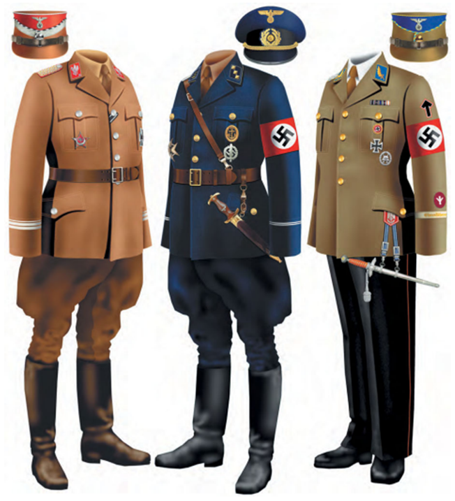 Рисунок некоторых видов униформы СА. Слева – униформа группенфюрера СА. В центре – Штурмфюрер морских СА. Справа – штандартенфюрер СА группы «Ганза» в вечерней униформе. 