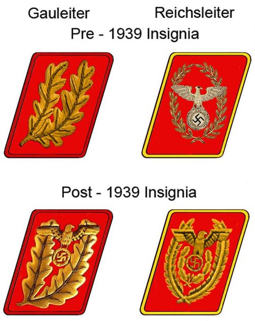 Знаки различия гауляйтера и рейхсляйтера до и после изменений 1939 года.