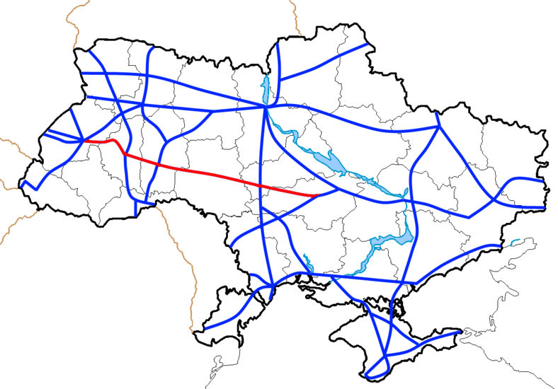 Карта современной автомагистрали M12 в Украине, которая в основном проходит по бывшей DG-IV. 