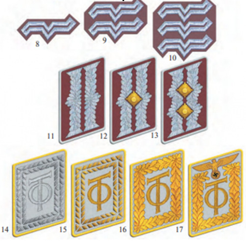 Знаки различия руководителей ОТ для форменной одежды после 1943 года, где:8 –бауфюрер, 9 –обербауфюрер; 10 – гауптбауфюрер; 11 – бауляйтер; 12 – обербауляйтер; 13 – гауптбауляйтер; 14 – айнзатцляйтер; 15 – айнзатцгруппенляйтер II; 16 –айнзатцгруппенляйтер I; 17 – шеф управления строительства ОТ.