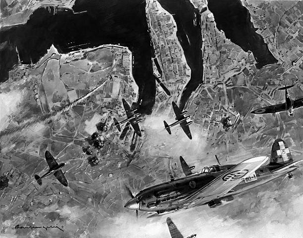 Немецкие бомбардировщики Ju-88 Junkers атакуют порт Валетте. 1939 г. 