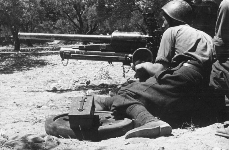 Расчет противотанковой пушки на позиции в оливковой роще на Крите. Май 1941 г.