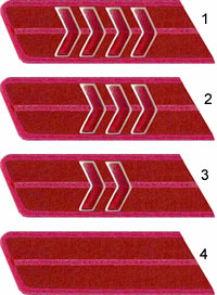 Примеры знаков различия рядового и младшего комначсостава, где: 1 –старшина; 2 -младший комвзвода; 3 -отделенный командир; 4 -красноармеец.