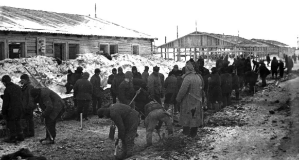 Строительство барака на территории лагеря ГУЛАГа. 1939 г.