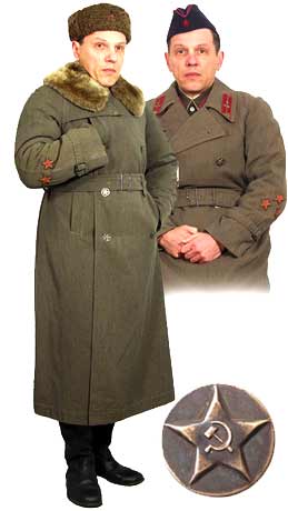 Примеры униформы комначсостава, где: слева майор войск НКВД в пальто-плаще с меховым воротником и шапке-финке; справа - полковник войск НКВД в пальто.
