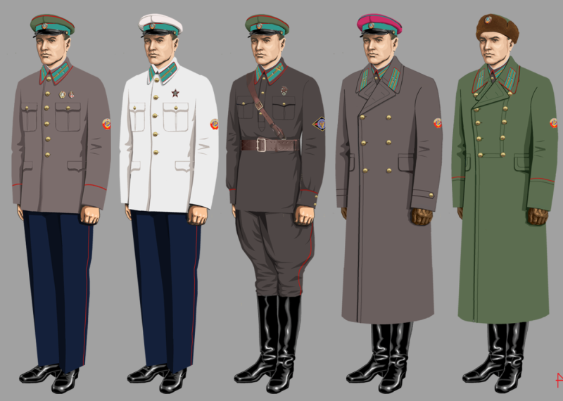 Униформа РКМ в 1938—1939 годах, где слева направо: лейтенант милиции в кителе, младший лейтенант милиции в летнем кителе, сержант милиции (ГАИ) в шерстяной гимнастерке, майор милиции (ТО) в летнем пальто-плаще, капитан милиции в зимней форме (вне строя).