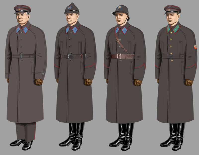 Униформа РКМ в 1931—1947 годах, где слева направо: начсостав в плаще-реглане (вне службы), младший начсостав в суконном шлеме, начсостав (при несении службы), лейтенант милиции (вне службы (с 1937 г.)).