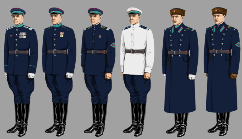 Униформа младшего начсостава и рядового состава милиции образца 1943 года, где слева направо: Летняя - старшина милиции (парадная), милиционер (парадная), сержант милиции (повседневная), старший сержант милиции (водная милиция) (повседневная); Зимняя - младший сержант милиции (парадная), ефрейтор милиции (повседневная).