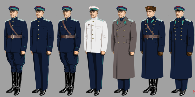 Униформа повседневная старшего и среднего начсостав милиции образца 1943 года, где слева направо: Летняя - подполковник милиции (для строя), капитан милиции (ГАИ) (вне строя), младший лейтенант милиции (для строя), старший лейтенант милиции (вне строя), полковник милиции (вне строя, в плащ-пальто) Зимняя - младший лейтенант милиции (для строя), полковник милиции (вне строя).
