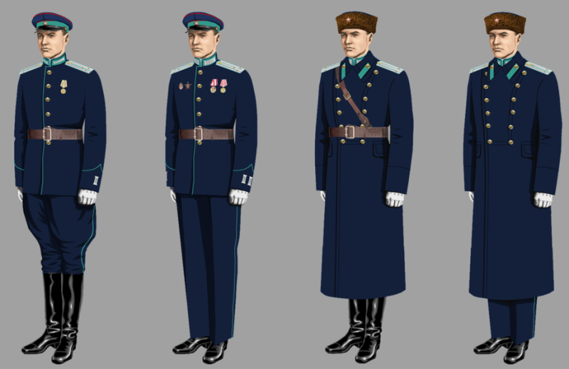 Униформа парадная старшего и среднего начсостав милиции образца 1943 года, где слева направо: Летняя - старший лейтенант милиции (для строя), полковник милиции (вне строя). Зимняя: подполковник милиции (для строя), лейтенант милиции (ГАИ) (вне строя).