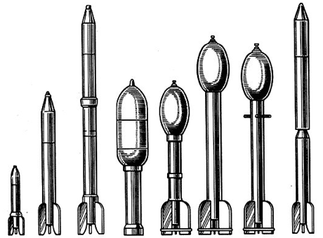 Рисунки реактивных ракетных снарядов (слева направо): М-8; М-13, М-20; М-28; М-30, М-31, М-31УК; М-31ДД.