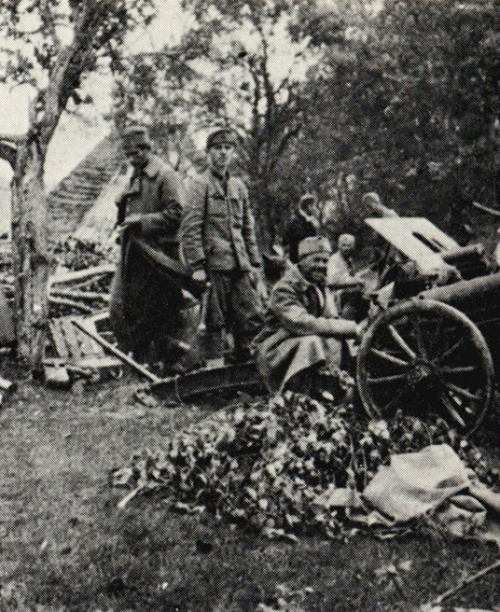 Орудия первой пролетарской дивизии на позиции под Мойковацем. 1943 г.