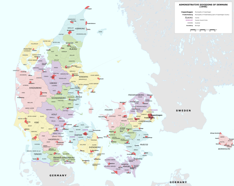 Административная карта Королевства Дания во время немецкой оккупации.