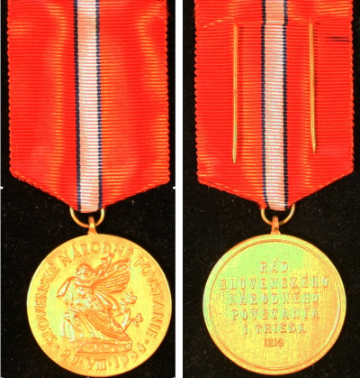 Орденская планка, аверс и реверс золотого Ордена Словацкого национального восстания.