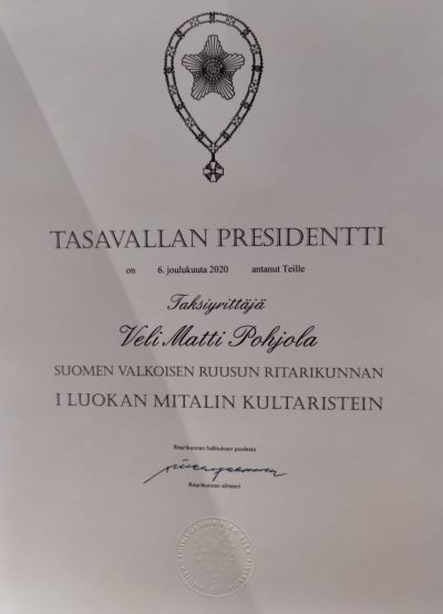 Наградной лист к медали ордена Белой розы Финляндии I степени.