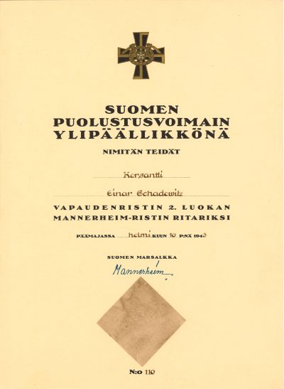 Грамота о награждении крестом Маннергейма 2-го класса.