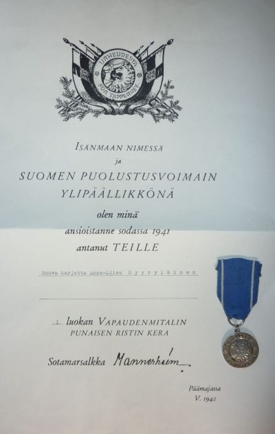 Грамота о награждении медали Свободы 1-го класса ордена Креста Свободы.