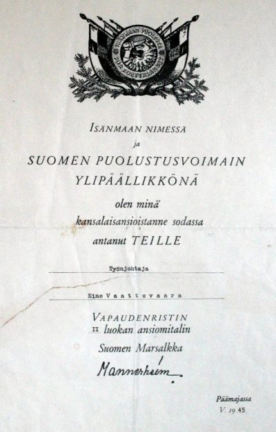 Грамота о награждении медалью за заслуги ордена Креста Свободы.