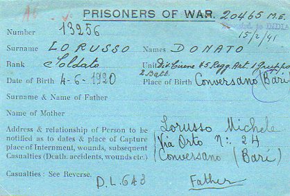 Уведомление родственников итальянских военнопленных о переводе их в Индию.