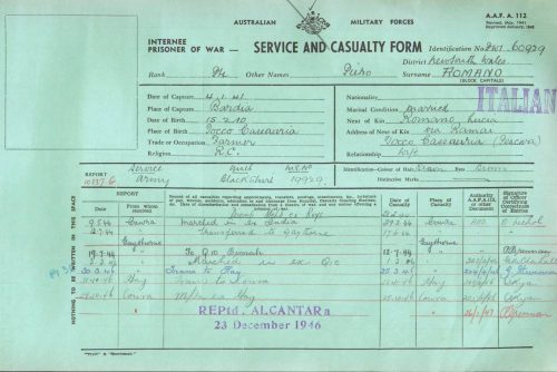 Карточка итальянского военнопленного в Австралии.