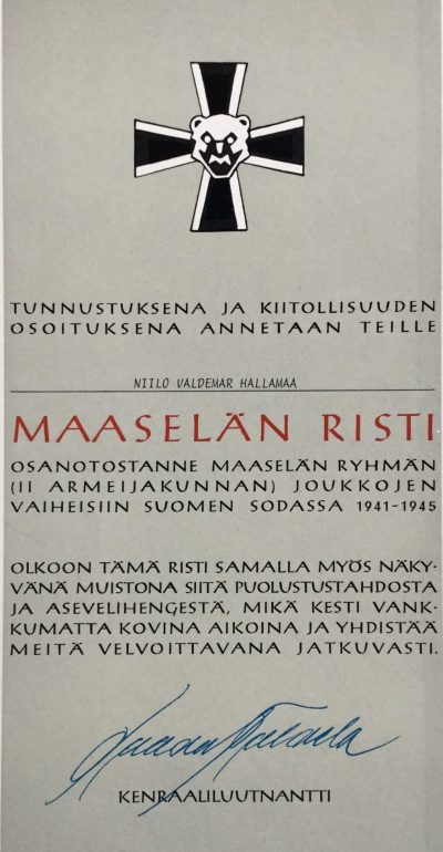 Грамота о награждении крестом Мааселкя.