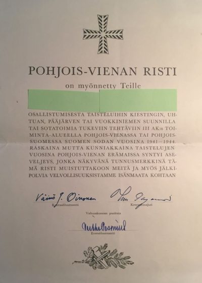 Грамота о награждении Северо-Западный крестом.