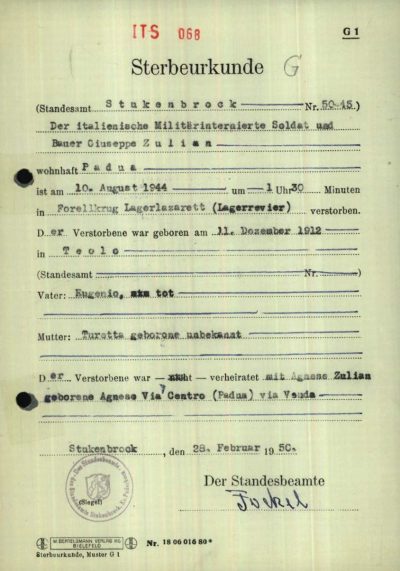 Свидетельство о смерти итальянского военнопленного в немецком плену.