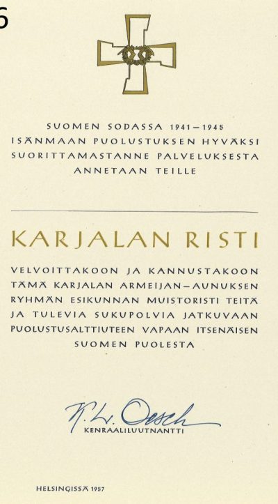 Грамота о награждении крестом Карельского перешейка