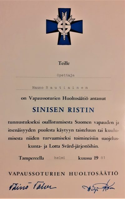 Грамота о награждении Голубым крестом.