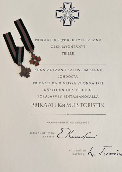 Грамота о награждении крестом бригады «Кууссаари».