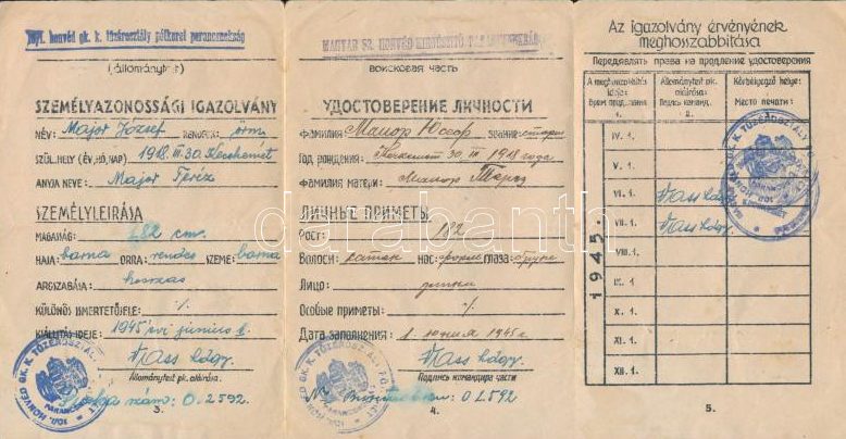 Военный билет 1945 года на венгерском и русском языках.