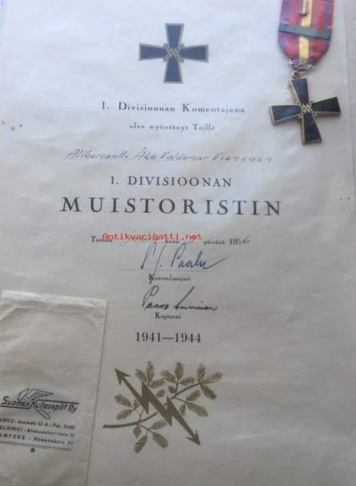 Грамота о награждении крестом 1-й дивизии.