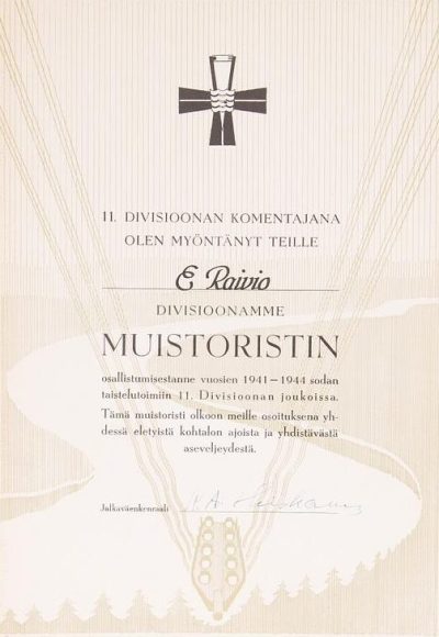 Грамота о награждении памятным крестом 11-й дивизии «Клин».