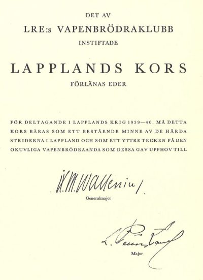 Грамота о награждении Лапландским крестом.