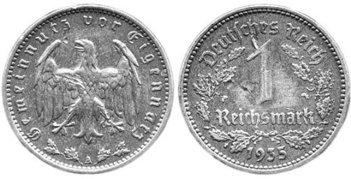 1 рейхсмарка (РМ) Германии 1933 года выпуска.