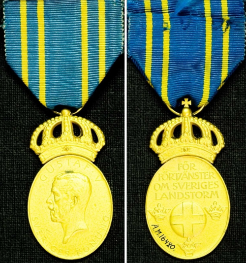 Аверс и реверс золотой медали за заслуги Шведской федерации добровольного образования и подготовки в области обороны.