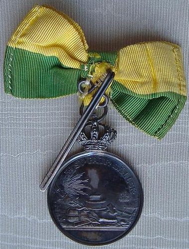 Серебряная медаль «За долгую верную службу» Королевского патриотического общества на женском банте.