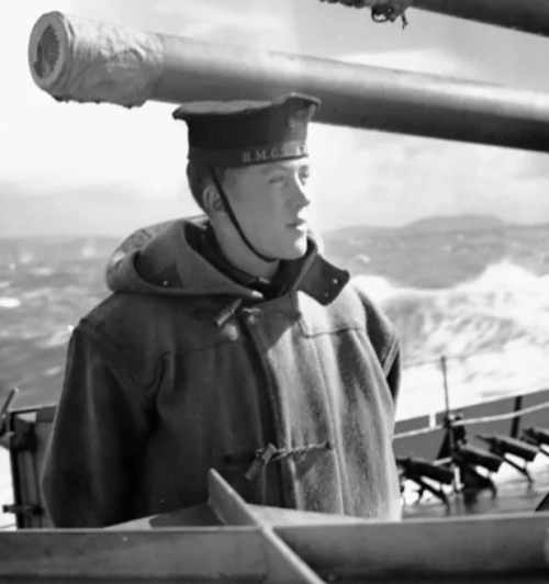 Матрос под двумя 4,7-дюймовыми орудиями корабля HMCS Iroquois. 1943 г.
