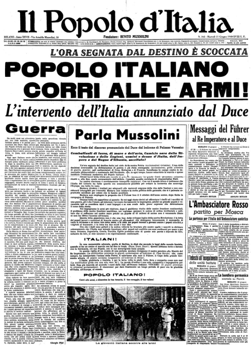 Первая полоса Il Popolo d'Italia от 11 июня 1940 года.