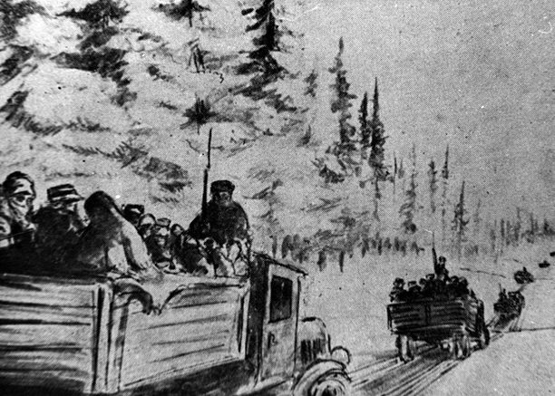Транспортировка поляков в открытых грузовиках под Котласом в феврале 1940 г. Рисунок неизвестного узника Гулага.