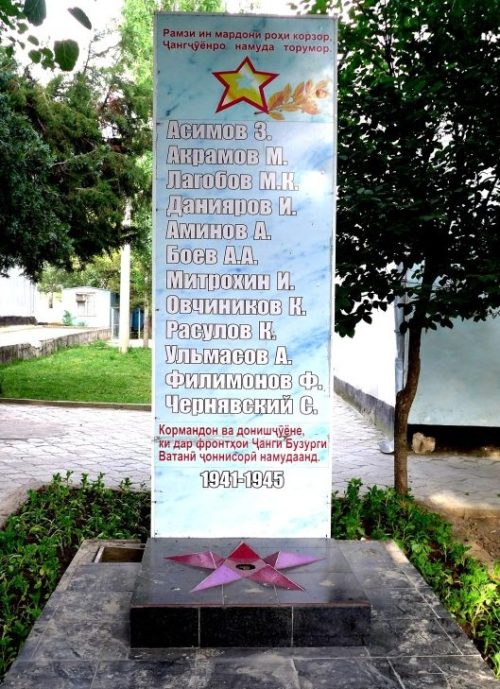 г. Душанбе. Обелиск «Вечная слава студентам, преподавателям и сотрудникам Таджикского сельскохозинститута, павшим на фронтах Великой Отечественной войны 1941-1945 гг.». Расположен во дворе Таджикского аграрного университета, возле здания факультета механизация сельского хозяйства.