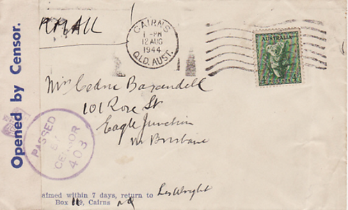 Письмо 1944 года, прошедшее цензуру.