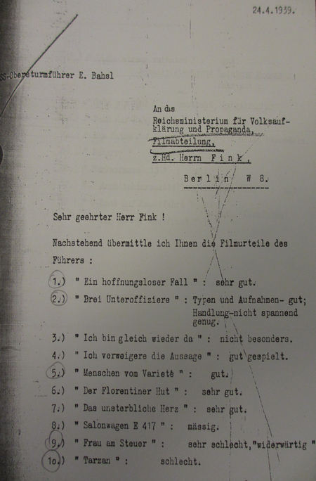 Лист с оценками Гитлера о просмотренных фильмах. Вердикт о «Тарзане» (десятом фильме в списке): «Плохо [schlecht]».