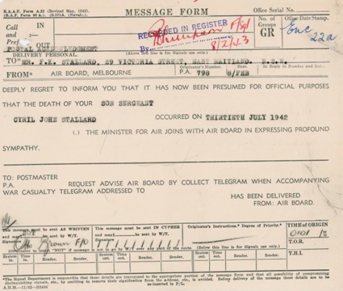Телеграмма, сообщающая родителям о гибели их сына-лётчика во Второй мировой войне.